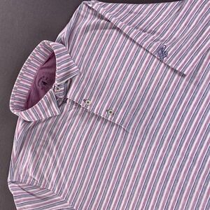 Johnnie-O Top Shelf Polo Shirt Mens Medium Pink Blue Stripe Stretch Jersey Golf
